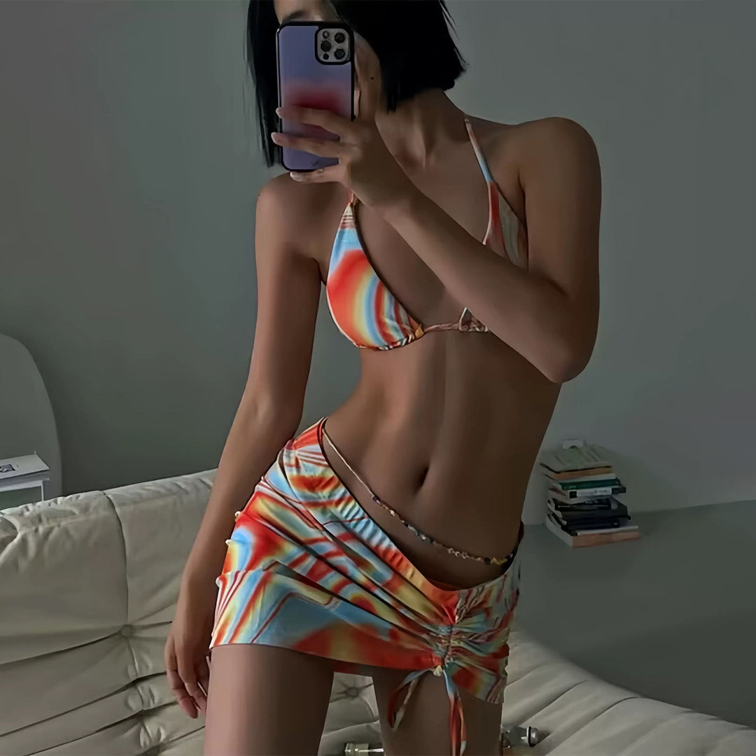 Damen Bikini-Set mit farbenfrohem Wellenmuster und verstellbarem Höschen R&B
