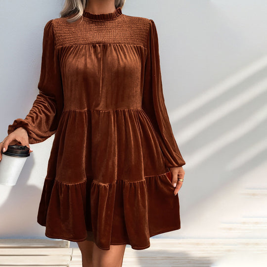 Damen Velours Kleid mit hochgeschlossenem Kragen und voluminösem Rock R&B