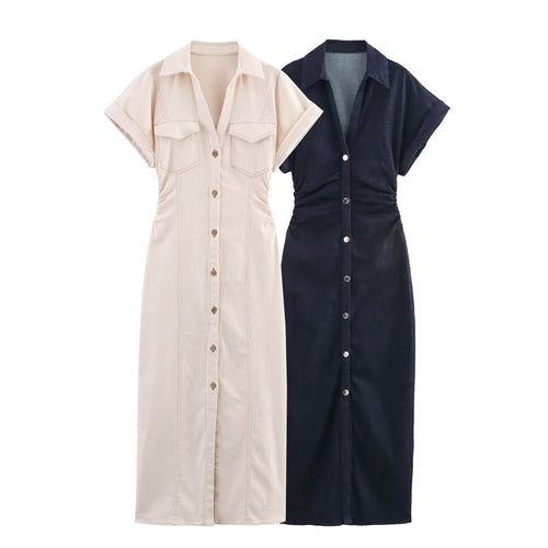 Damen Hemdblusenkleid mit kurzen Ärmeln und praktischen Taschen R&B