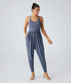 Damen nan lässiger Jersey-Overall mit Racerback, smockierter Taille und seitlichen Eingrifftaschen R&B