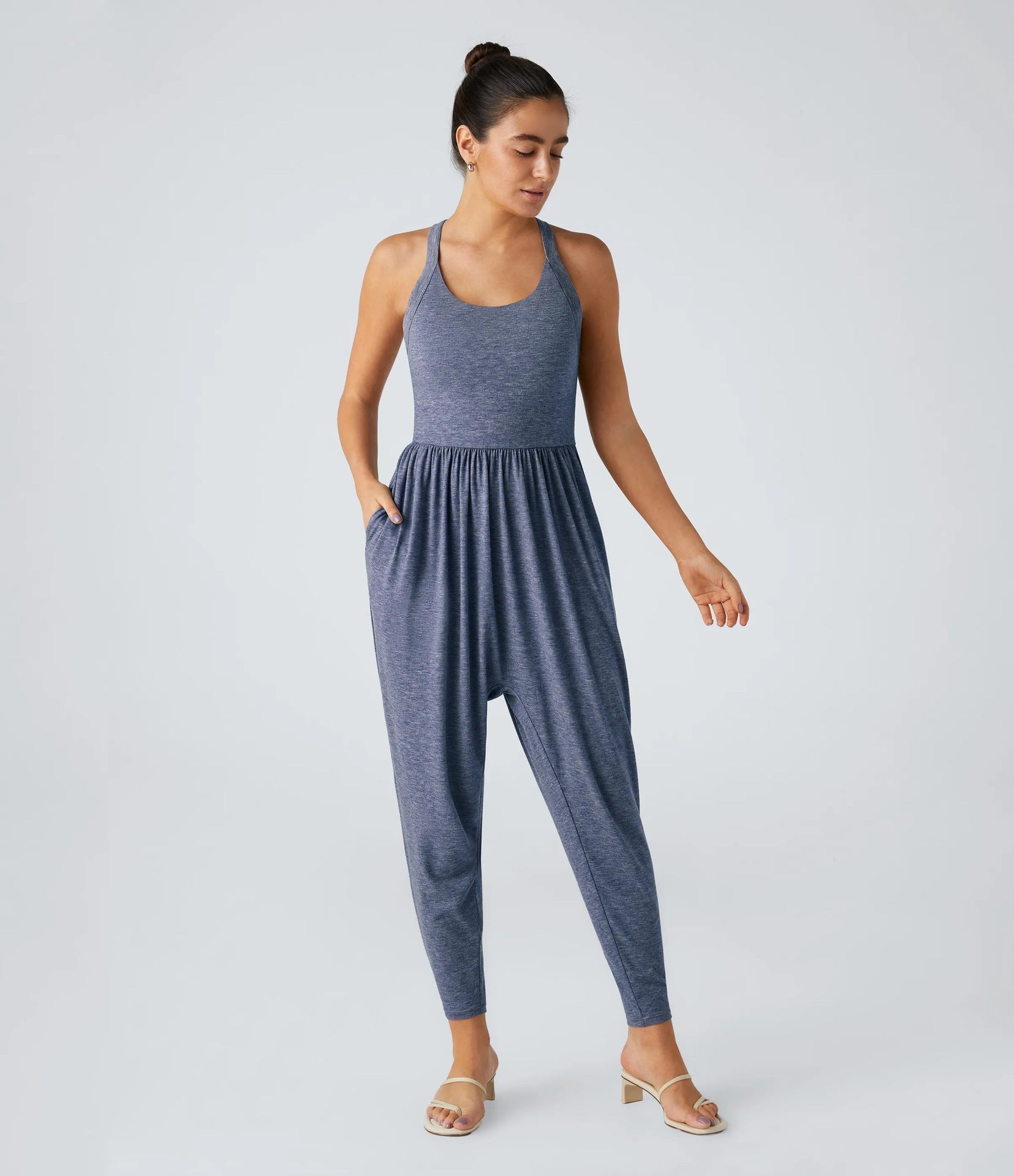 Damen nan lässiger Jersey-Overall mit Racerback, smockierter Taille und seitlichen Eingrifftaschen R&B