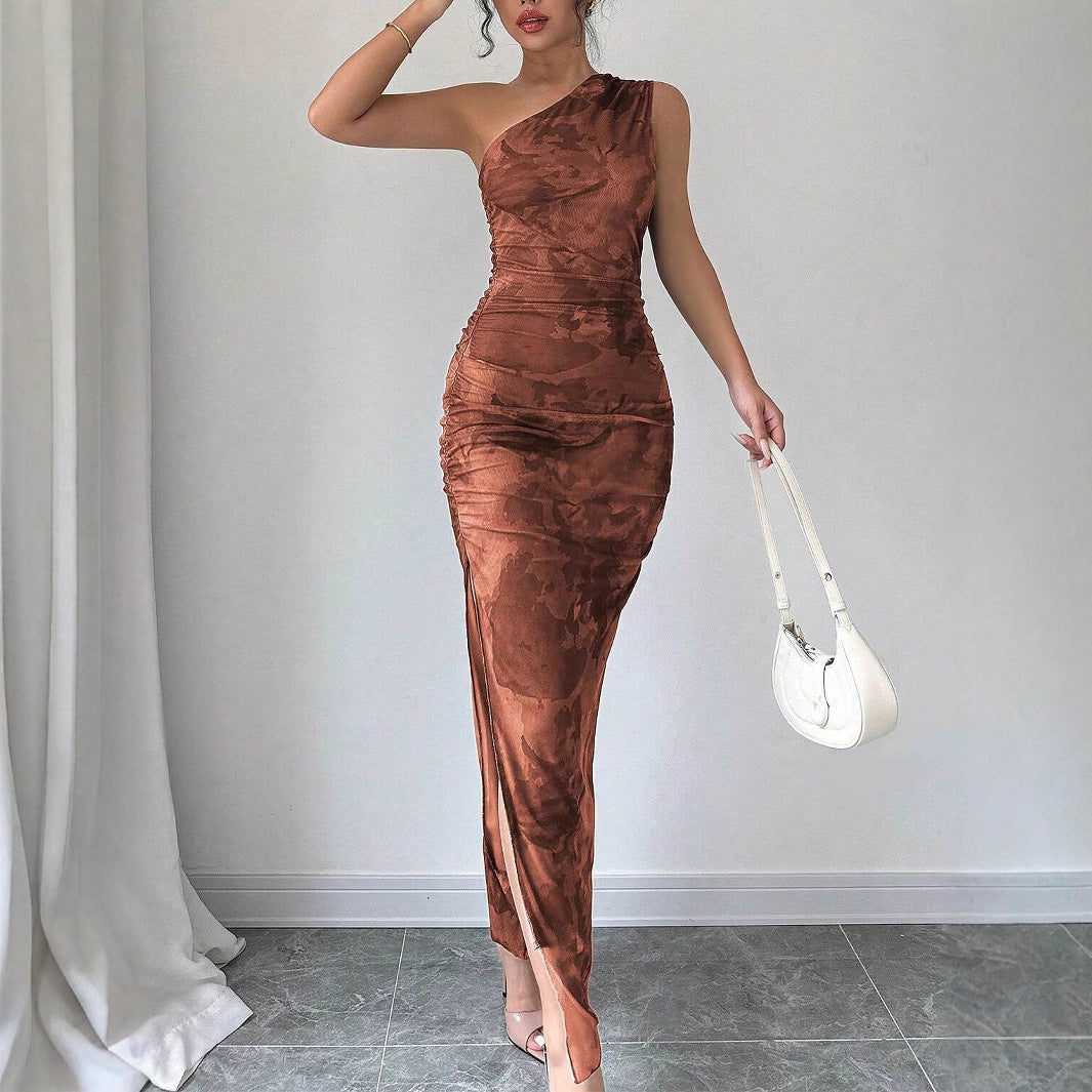 Damen Elegantes One-Shoulder Maxikleid mit sanften Raffungseffekten R&B