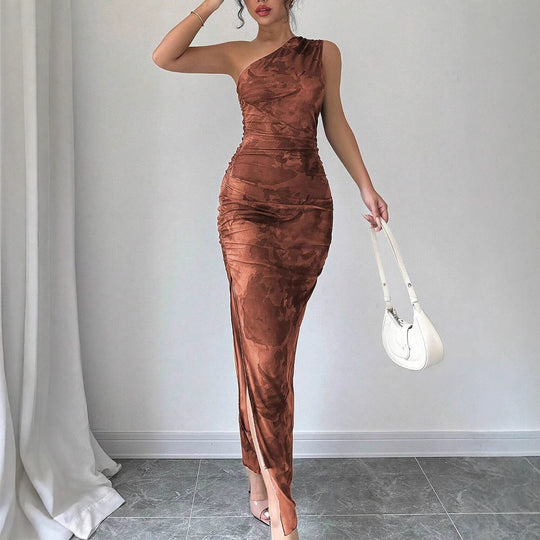 Damen Elegantes One-Shoulder Maxikleid mit sanften Raffungseffekten R&B