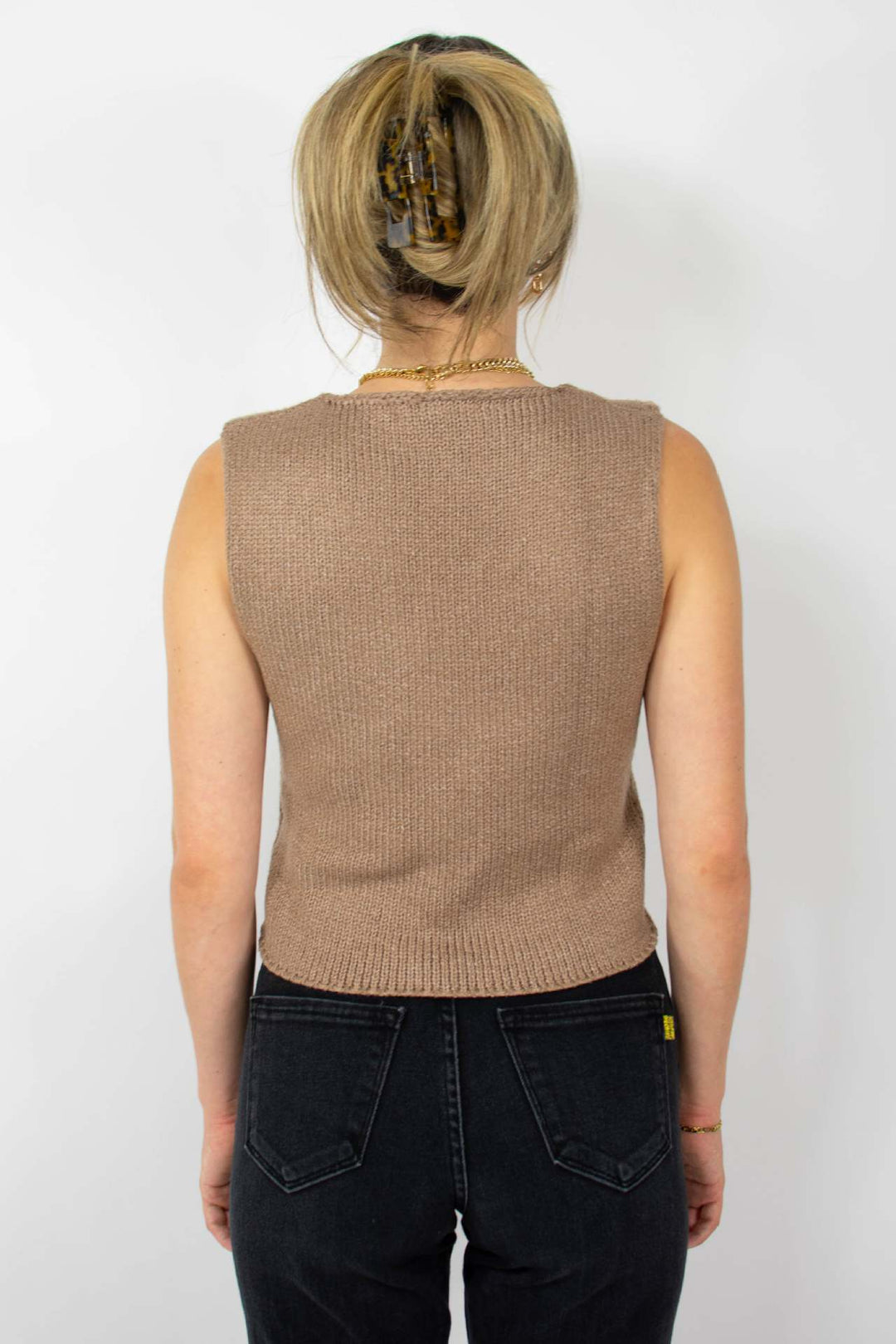 Damen gestricktes Crop-Top mit schickem V-Ausschnitt und dekorativem Schlüsselverschluss R&B