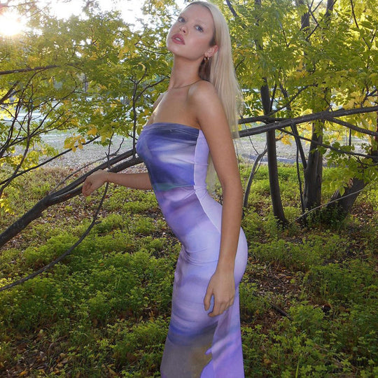 Damen Maxi Kleid mit schulterfreiem Design und fließendem Stoff R&B