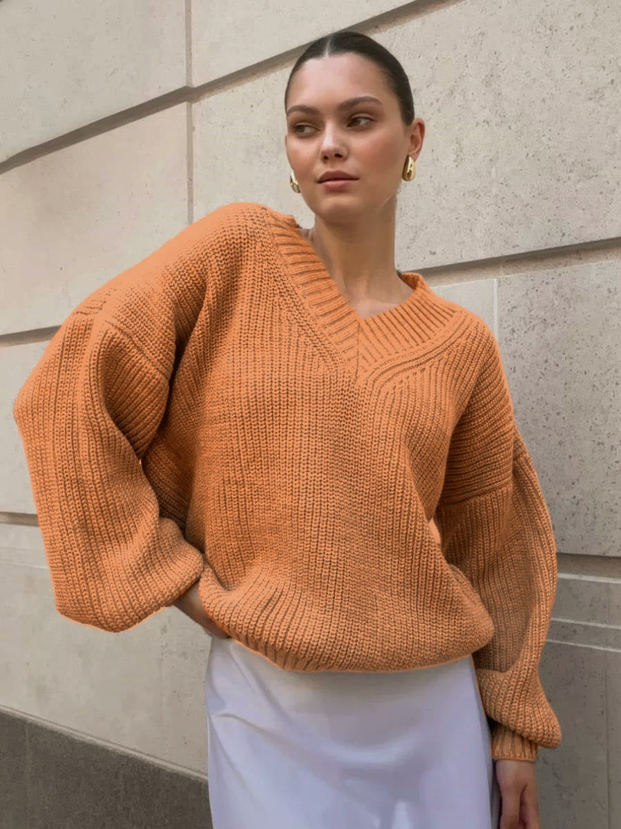 Damen V-Ausschnitt Strickpullover mit voluminösen Ärmeln und strukturierter Oberfläche R&B