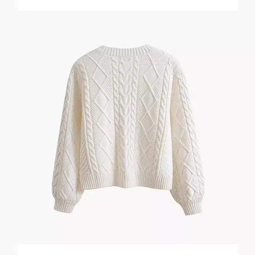Damen Grobstrickpullover mit kreativem Zopfmuster und weit geschnittenen Ärmeln R&B