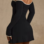 Damen Off-Shoulder Mini-Kleid mit Langarm und tiefem V-Ausschnitt R&B