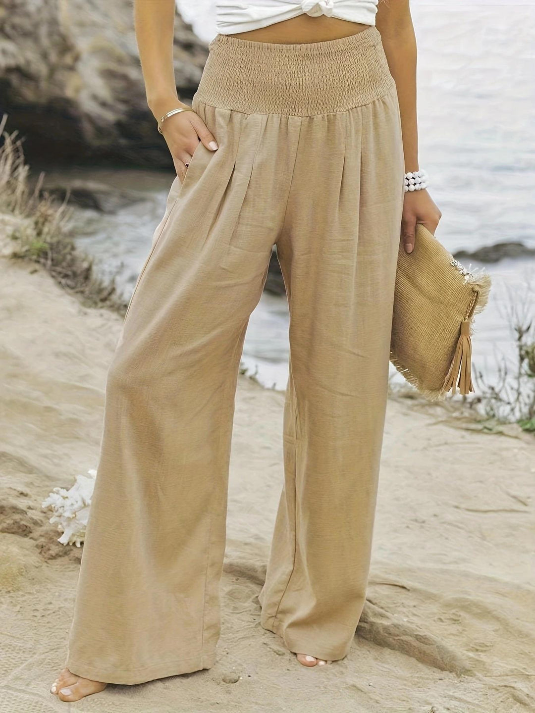 Damen weite Sommerhose mit hohem Bund und eleganten Falten R&B