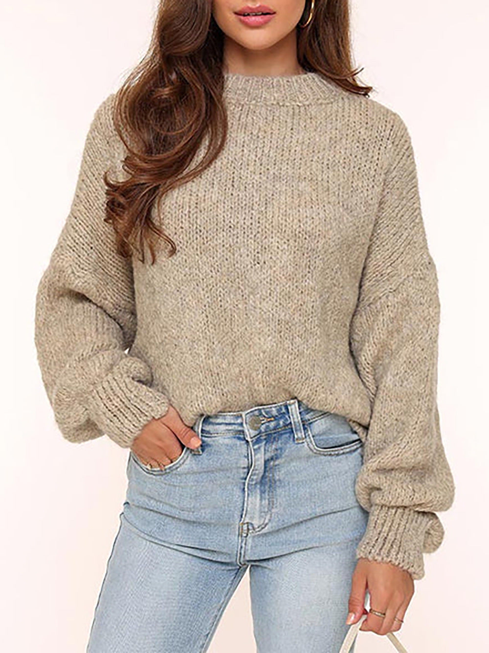 Damen lässiger Strickpullover mit voluminösen Ärmeln und modernem Design R&B