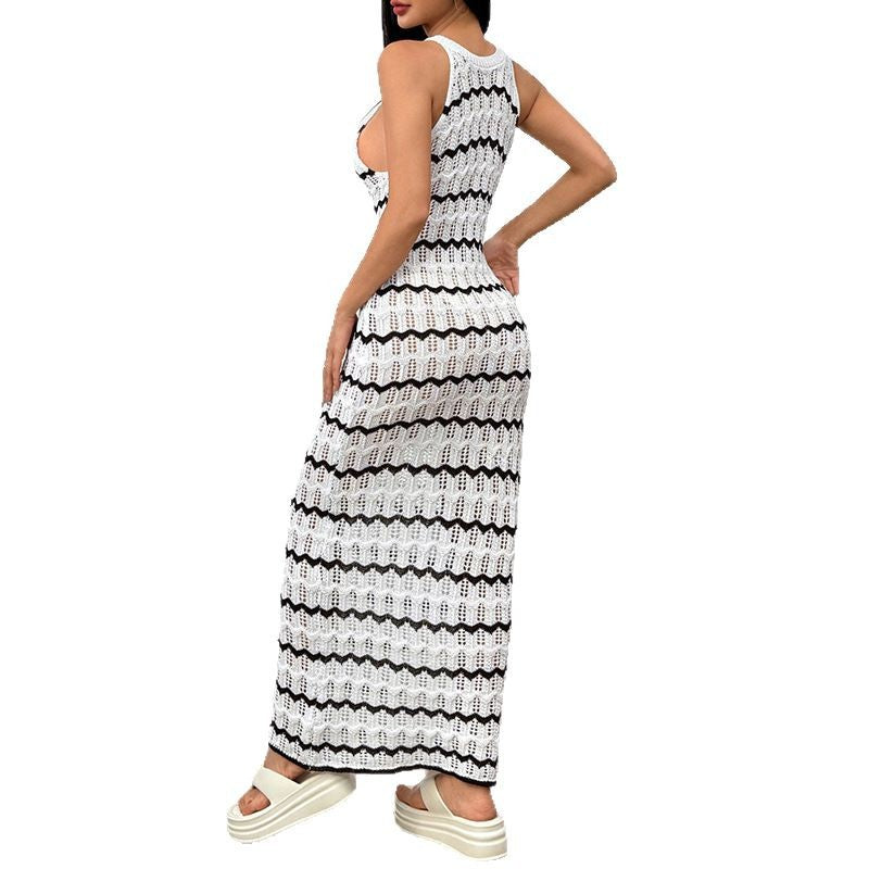 Damen Häkel-Maxikleid mit geometrischem Muster und enganliegendem Schnitt EB