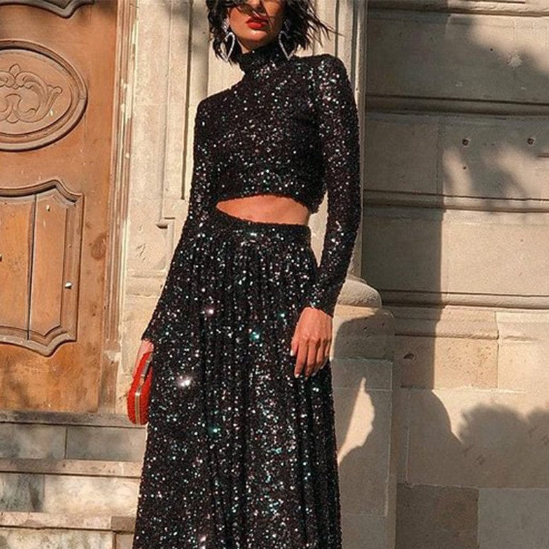 Damen nan zweiteiliges Pailletten-Abendset mit hochgeschlossenem Crop-Top und fließendem Maxirock R&B