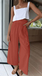 Damen Hochtaillierte Palazzo-Hose mit elastischem Bund und seitlichen Taschen R&B