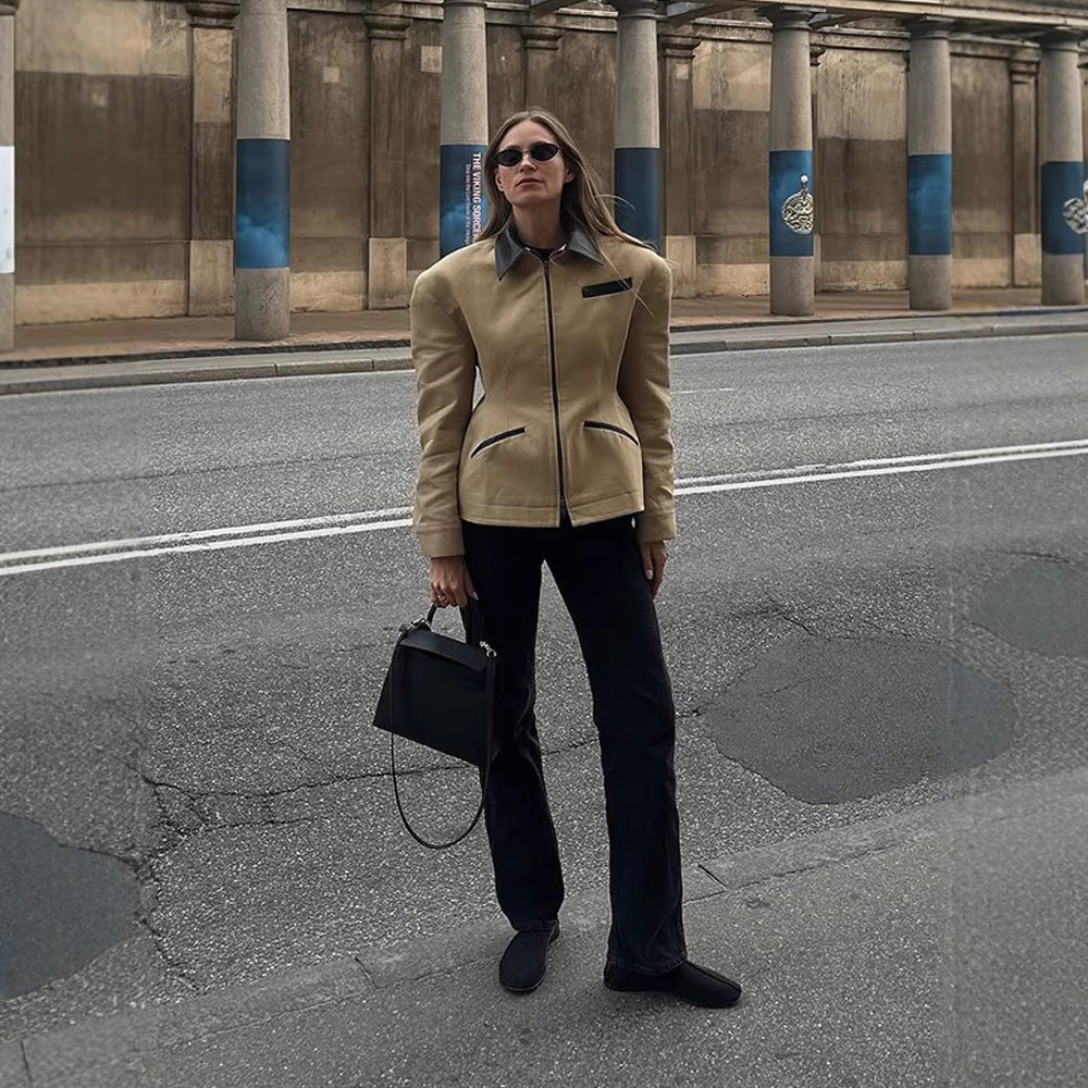 Damen lässige Übergangsjacke mit kontrastierendem Kragen und praktischen Taschen R&B