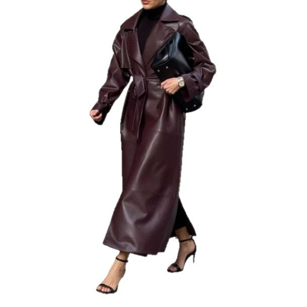 Damen eleganter Kunstleder-Trenchcoat mit taillierbarem Gürtel und praktischen Taschen R&B