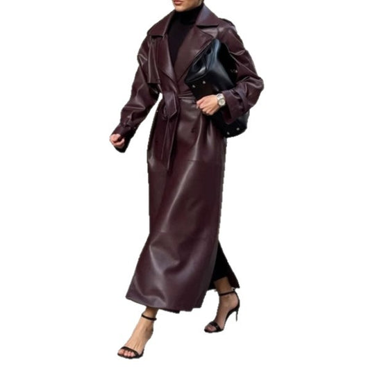 Damen eleganter Kunstleder-Trenchcoat mit taillierbarem Gürtel und praktischen Taschen R&B