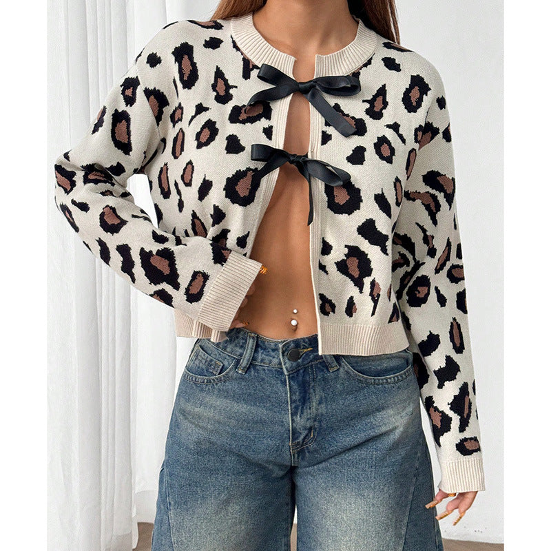 Damen Stilvolle Leopardenstrickjacke mit BindR&Bändern R&B