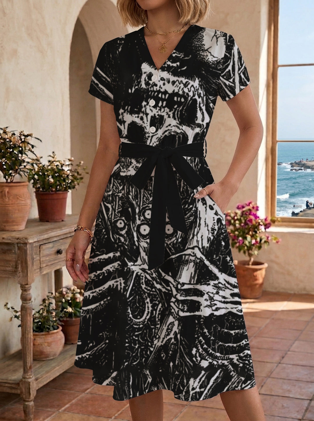 Damen Blühendes Midikleid mit taillierbarem Gürtel und kunstvollem Print R&B