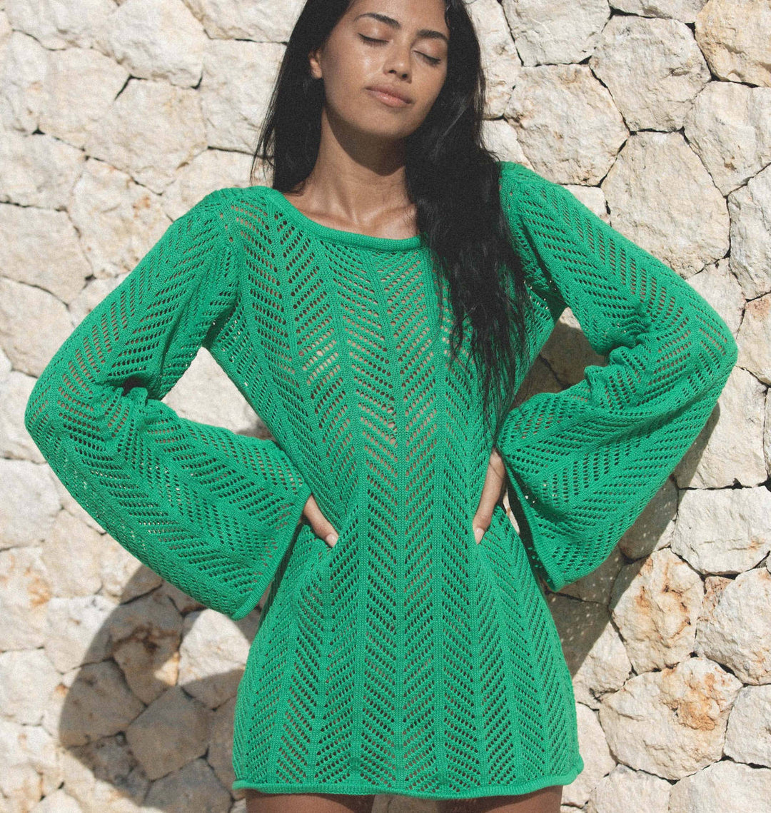 Damen Stricktop mit elegantem Netzdesign und weiten Ärmeln R&B