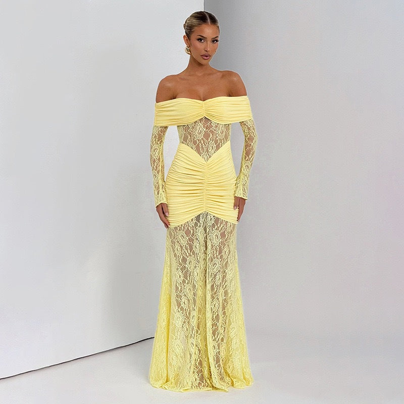 Damen Elegantes Langarm-Spitzenkleid mit Raffungen und schulterfreiem Design R&B