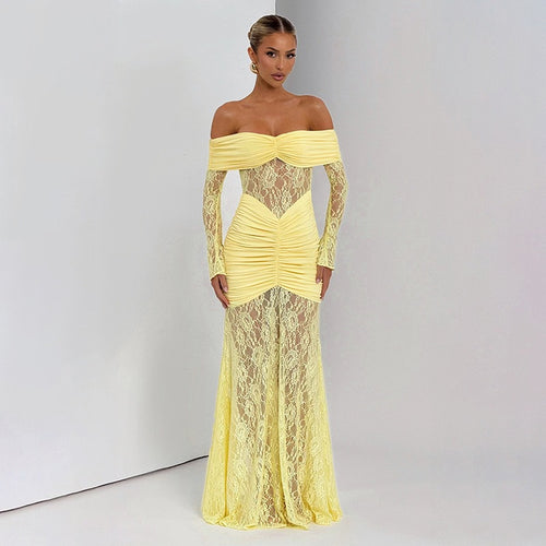 Damen Elegantes Langarm-Spitzenkleid mit Raffungen und schulterfreiem Design R&B