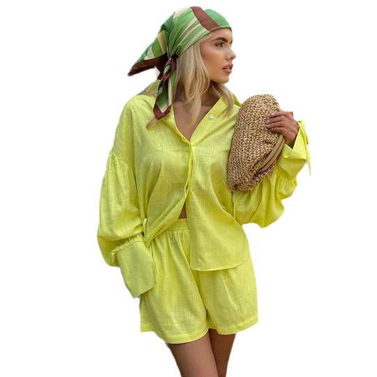 Damen Leichte Leinen-Loungewear-Kombination mit lässiger Short und oversized Hemd R&B