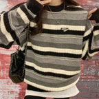 Damen lässiger Strickpullover mit raffiniertem Streifenmuster und voluminösen Ärmeln R&B
