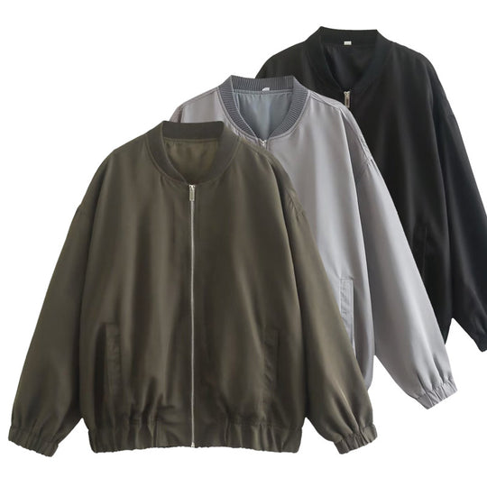 Damen lässige Bomberjacke aus leichtem Material mit elastischem Saum und praktischen Taschen R&B