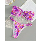 Damen Bandeau-Bikini mit romantischem Rüschendesign und verführerischem Blumenmuster R&B