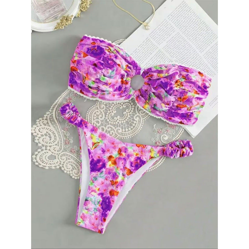 Damen Bandeau-Bikini mit romantischem Rüschendesign und verführerischem Blumenmuster R&B