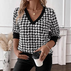 Damen nan V-Ausschnitt Strickpullover mit Hahnentrittmuster und gerippten Bündchen R&B