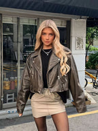 Damen cropped Kunstlederjacke mit asymmetrischem Reißverschluss und weichem Innenfutter R&B