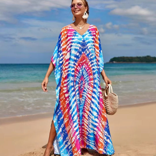 Damen Strandkleid mit buntem Batikdesign und weit geschnittenen Ärmeln R&B