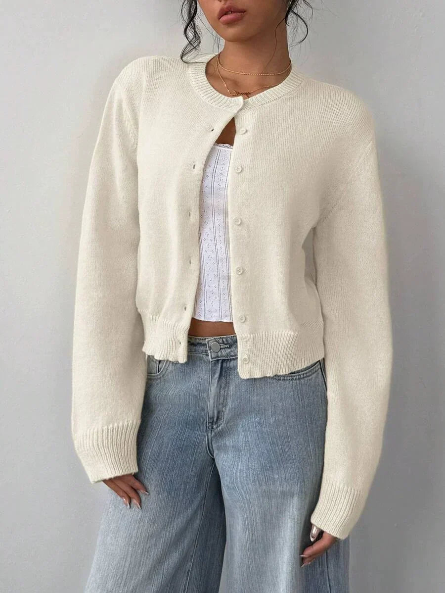 R&B | Strickjacke Pullover Weiche Strickware Cropped Fit Knopf Front Rippensaum