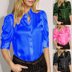 Damen elegante Satinbluse mit Puffärmeln und modernem Kragen