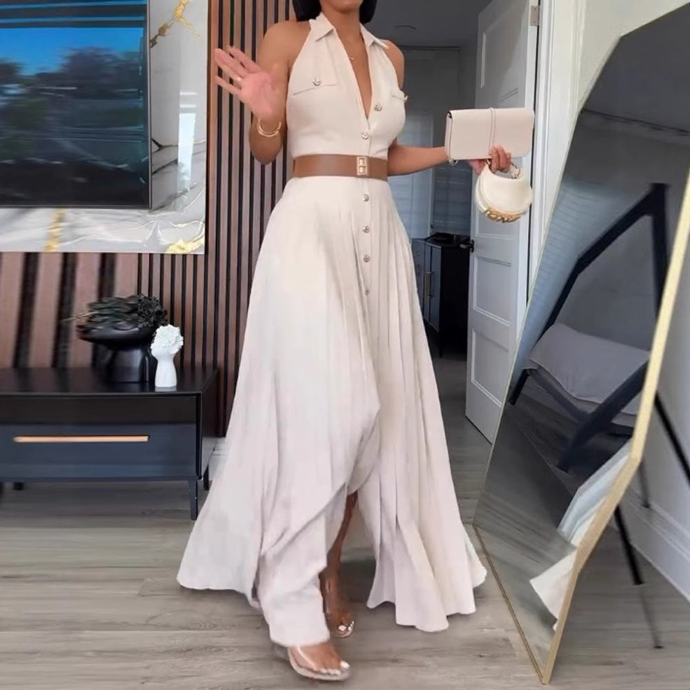 Damen Elegantes Maxikleid mit tiefem V-Ausschnitt und schmeichelndem Taillengürtel R&B