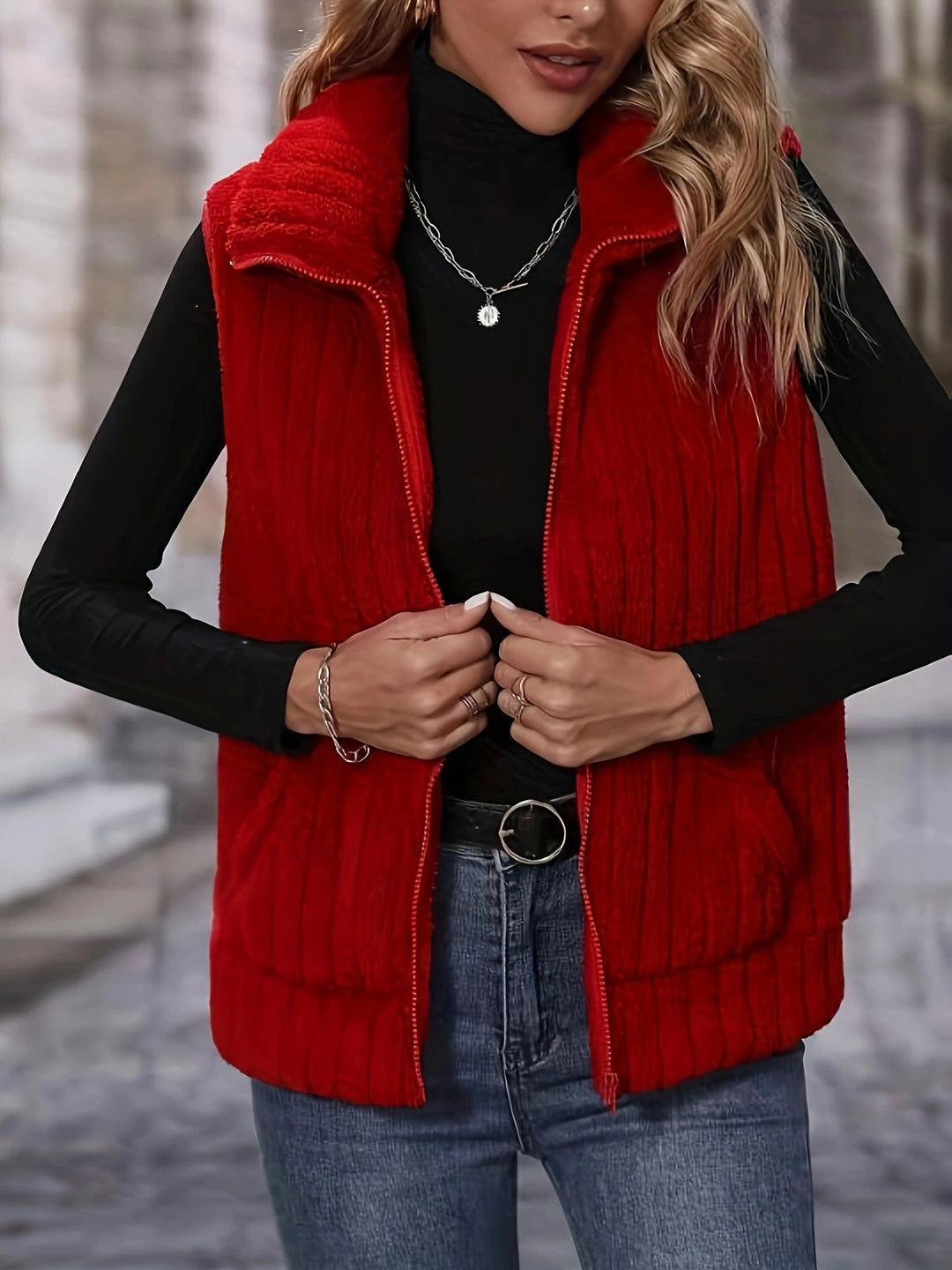 Damen Flauschige Weste mit Karomuster und Taschen R&B