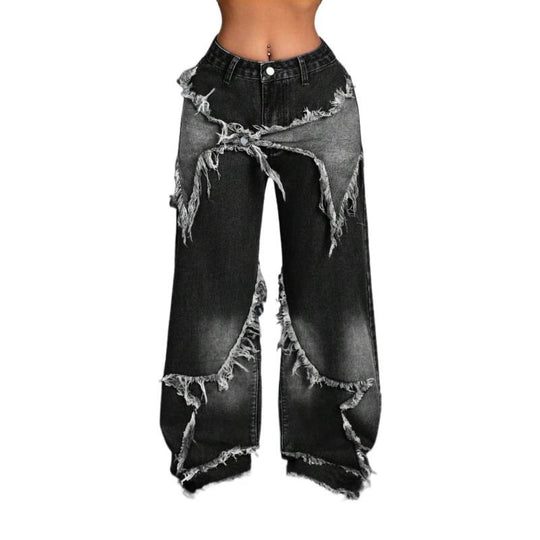 Damen Weite Jeans im modernen Destroyed-Look mit fransigen Details R&B