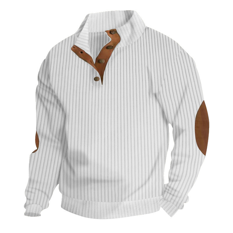 Herren nan strukturierter Ripp-Pullover mit kurzem Knopfkragen und Wildleder-Ellbogenpatches R&B