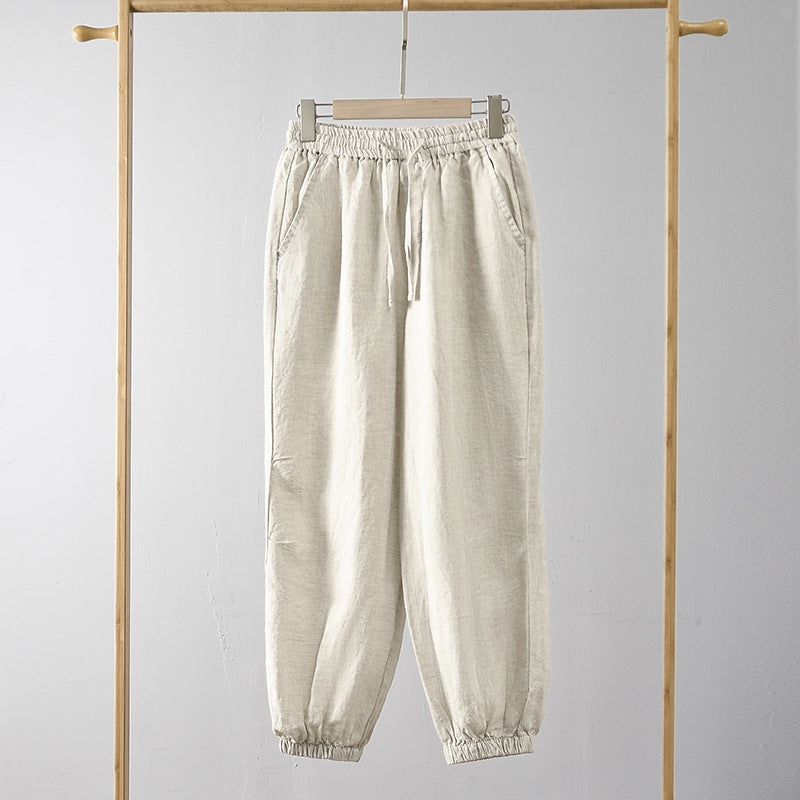 Damen lässige Leinenhose mit elastischem Bund und seitlichen Taschen R&B