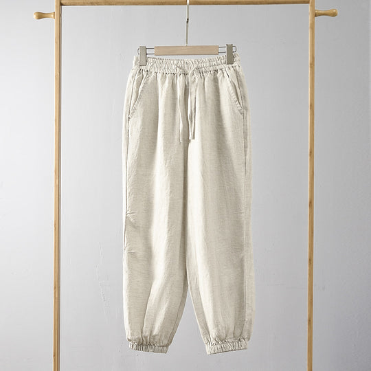 Damen lässige Leinenhose mit elastischem Bund und seitlichen Taschen R&B