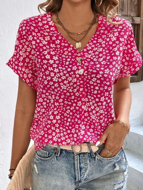 Damen Blusenshirt mit floralem Design und elegantem V-Ausschnitt Heidi-Mode
