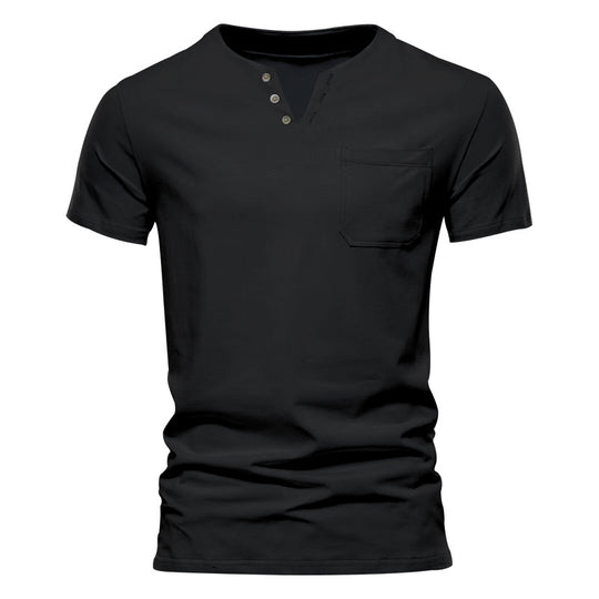 Herren nan tailliertes Kurzarm-Henleyshirt mit Brusttasche und asymmetrischer Knopfleiste R&B