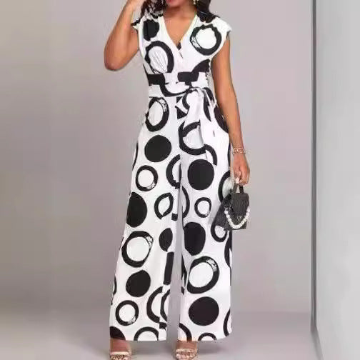 Damen Modischer Jumpsuit mit kurzem Arm und tiefem V-Ausschnitt