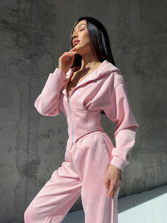 Damen sportlicher Jumpsuit mit Reißverschluss und hohem Kragen R&B