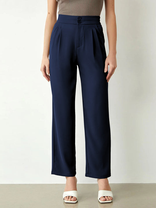 Damen elegante weite Stoffhose mit Bundfalten und hohem Taillenbündchen R&B