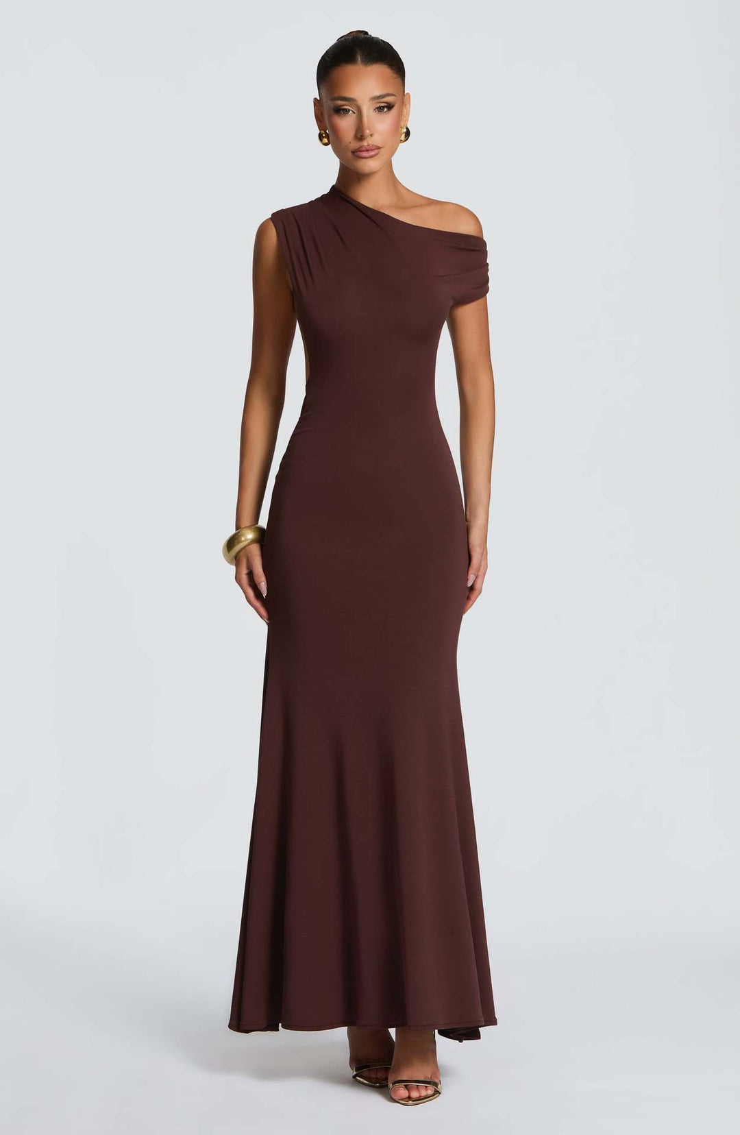 Damen Elegantes asymmetrisches Maxikleid mit schulterfreiem Design R&B