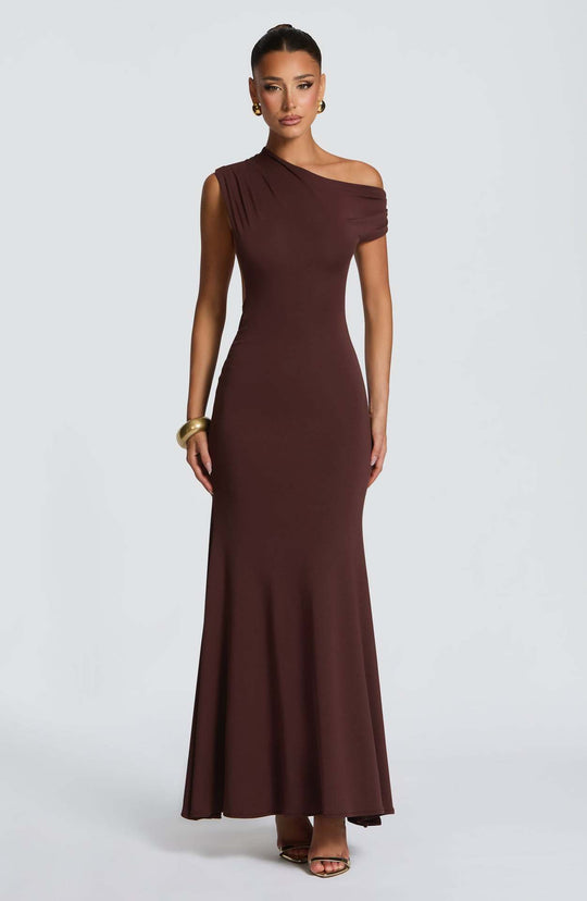 Damen Elegantes asymmetrisches Maxikleid mit schulterfreiem Design R&B