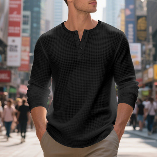 Herren nan thermoregulierendes Waffel-Thermalshirt mit Kurzknopfleiste und gerundetem Saum R&B