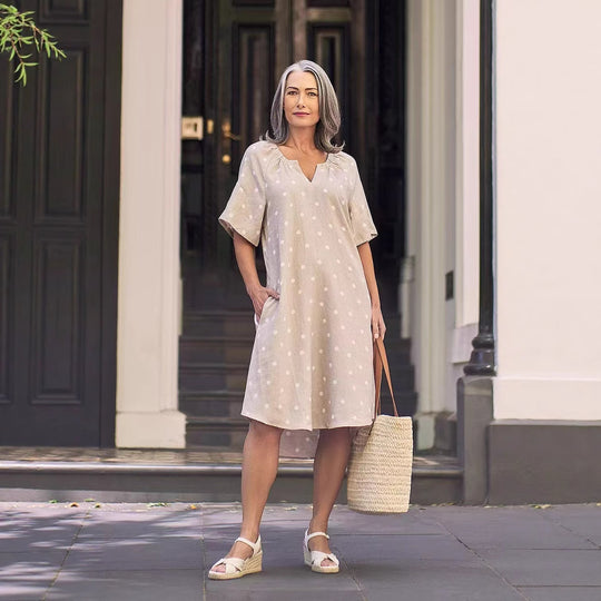 Damen nan lockeres A-Linien Leinenoptik-Kleid mit V-Ausschnitt, geraffter Schulterpartie und Eingrifftaschen R&B